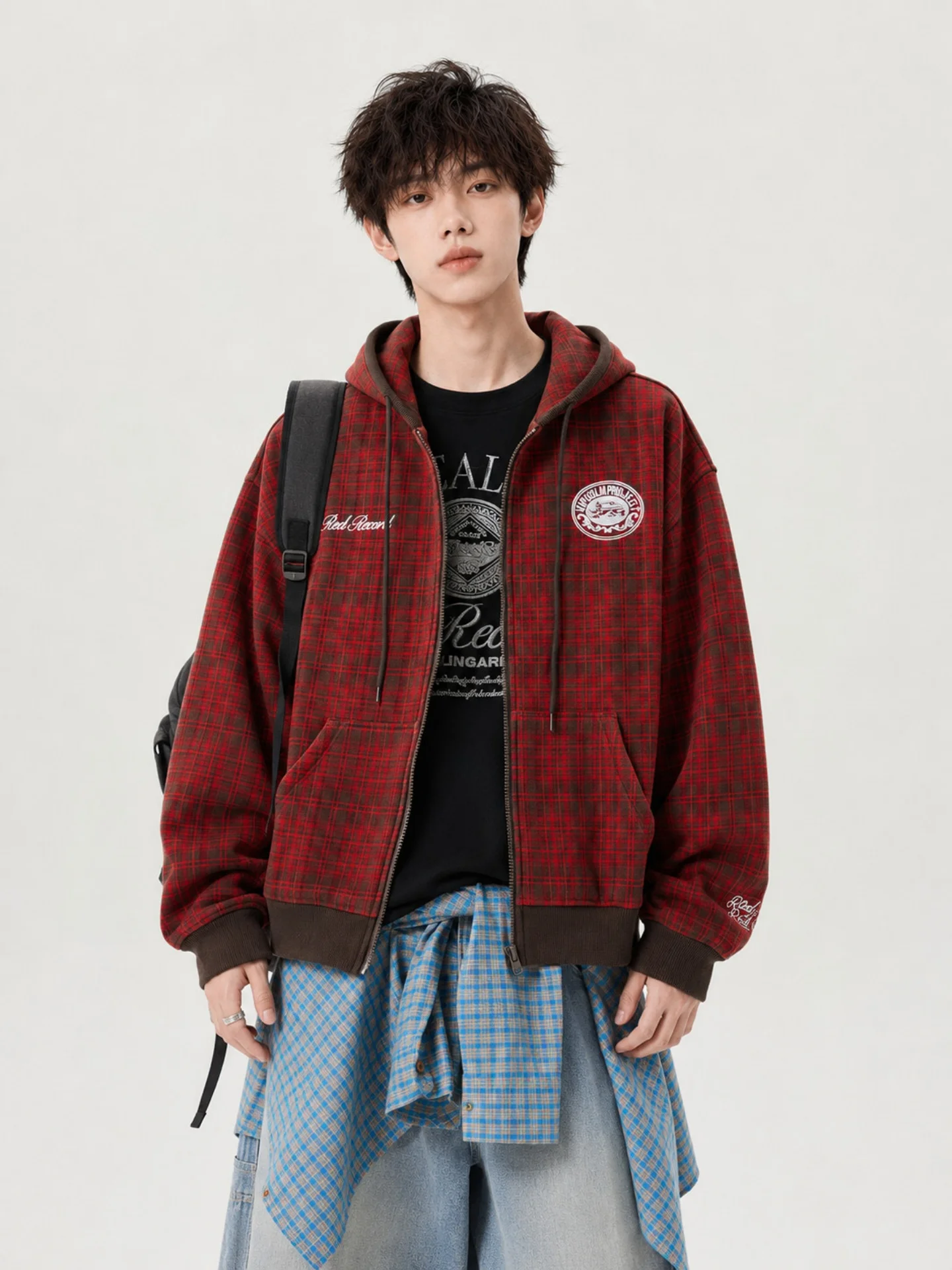 American Retro Plaid Hooded Open Cardigan Sweatshirt Men's Embroidered Badge Loose Zipper Jacket Street Trend Top