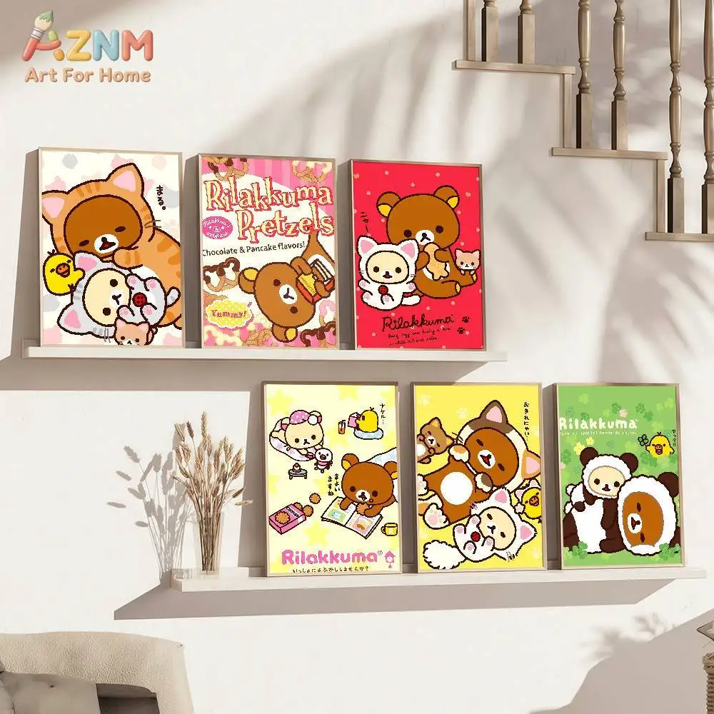 

AZNM Rilakkuma Kawaii Bear, безрамный холст, настенный художественный принт, милый мультяшный декор для комнаты, постер для детской спальни, гостиной