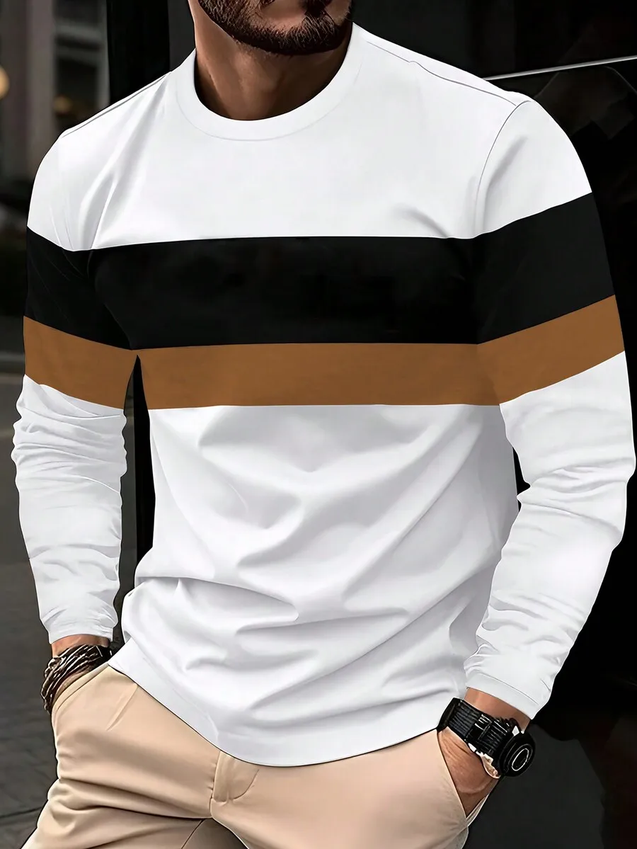 

Men's Casual Long Sleeve T-Shirt with Contrast Color Block Stripes