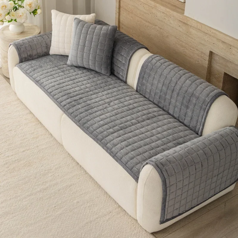 Dark Grey Flannel Sofa Cushion Covers Grid Quilted Thick Warm Seat Cover Non-Slip Anti-Scratch Sofa Protector for Living Room