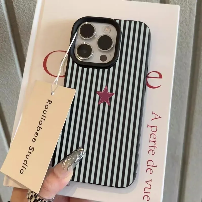 Blue Striped Star Lichee Pattern Phone Case For iPhone 11 12 13 Pro MAX 14 15 16 17 Plus 17 Air Shoc