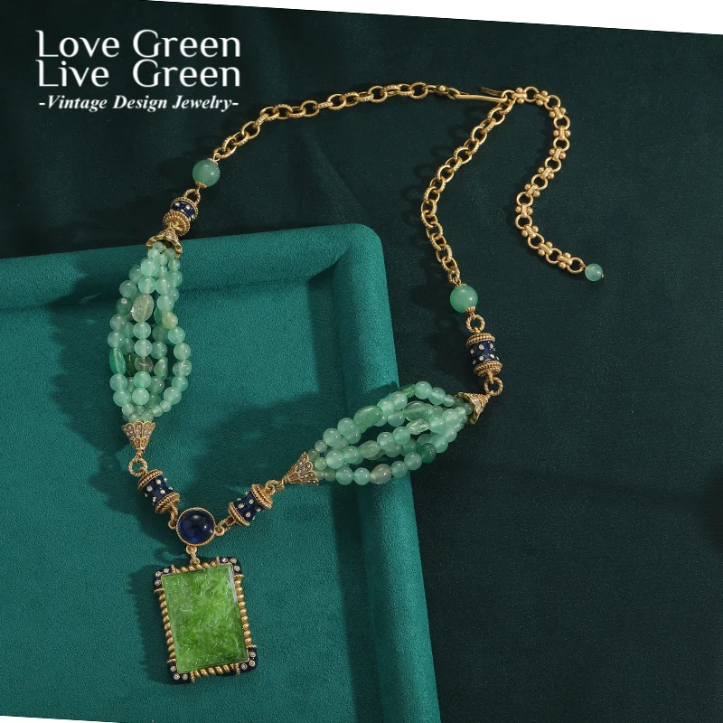 

﻿ Vintage Beads Jade Jewelry Necklace Woman Rectangular Pendant Gold Color Retro Antique Luxury Quality Designer Gift 2025