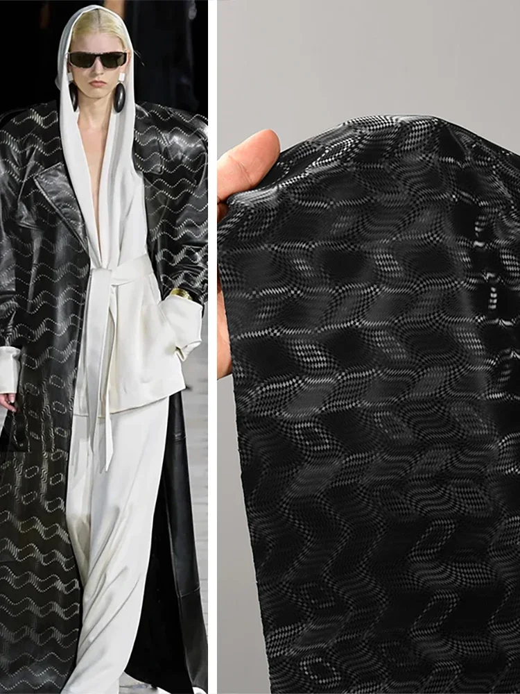 

Black Dynamic Water Ripple PU Leather Fabric for Metallic Luster Elastic Crisp Technology Style Performance Clothing Diy Sewing