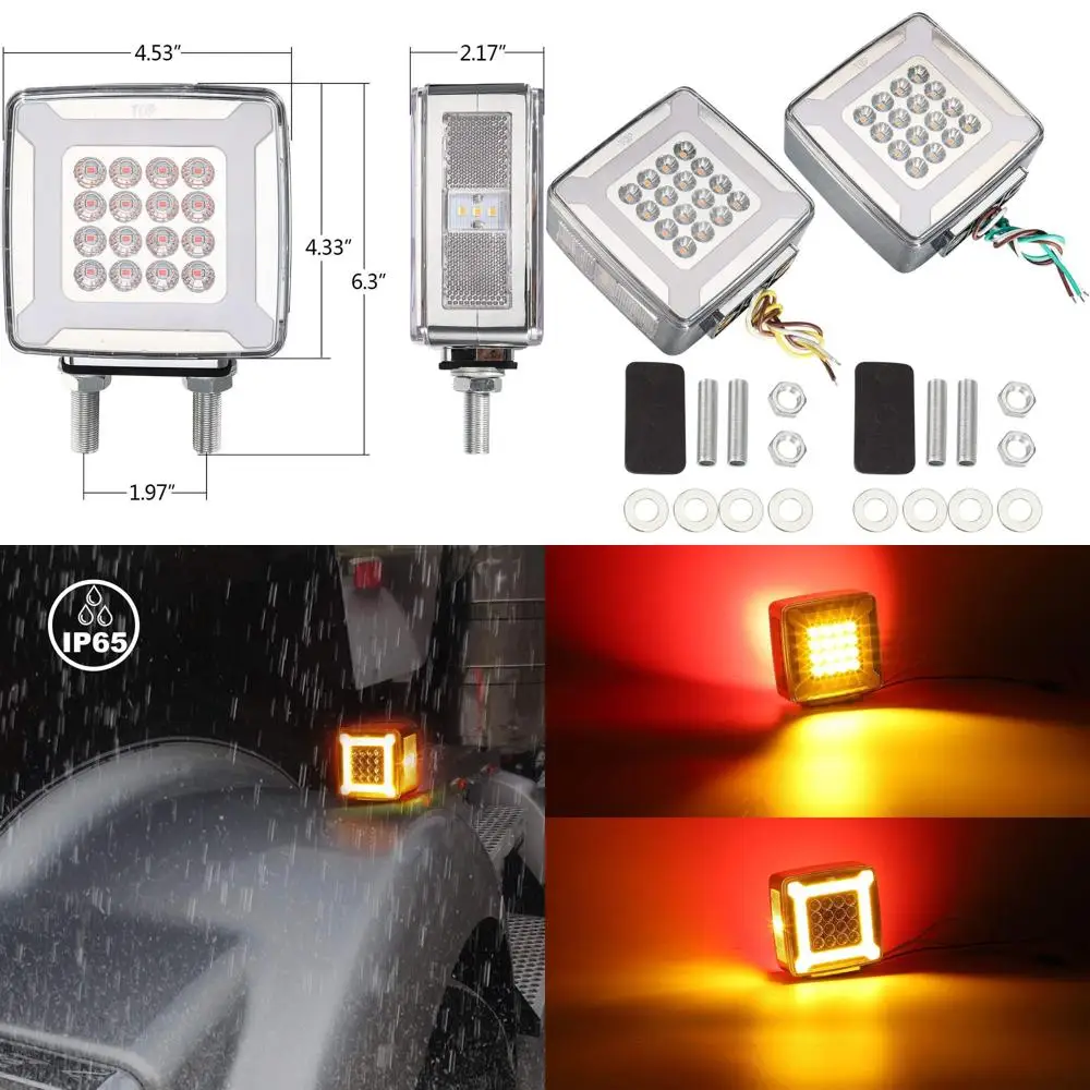 

Halo Glow Double-Face Square Pedestal Fender Turn Signals with Amber/Red LED Lights, 12V-30V for 47 Diode LED Turn, Stop, Marker