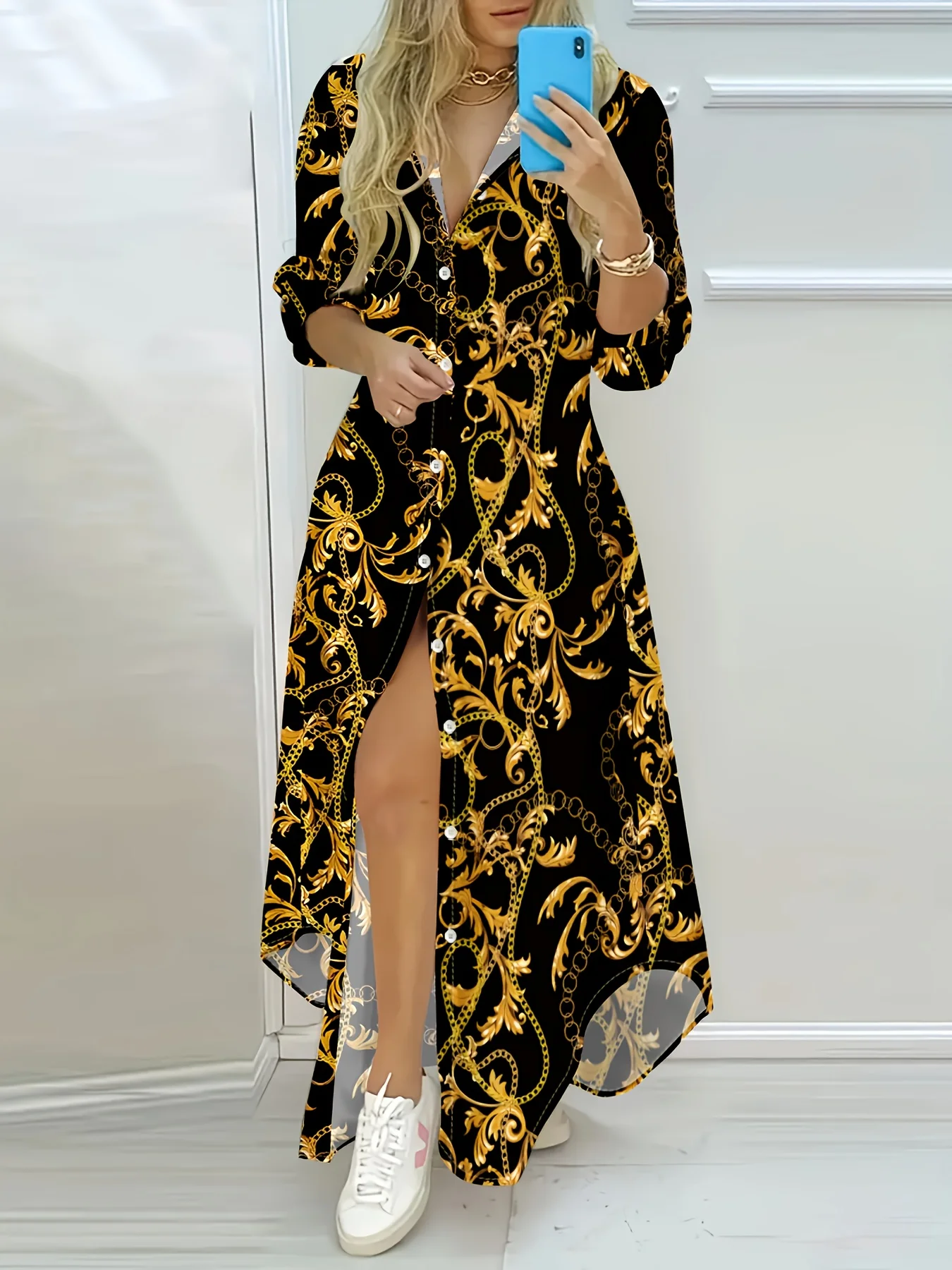 Schwarz-Goldenes Barock-Print Langarm Freizeitkleid Damen Mode A-Linie Midikleid Elegante Bürokleidung Sommer Herbst 2024