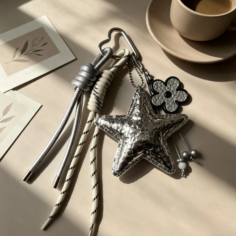 Silver Star Leather Bag Charm Keychain, Braided Cord & Acrylic Flower Pendant, Y2K Style Accessory for Women Bags & Keys