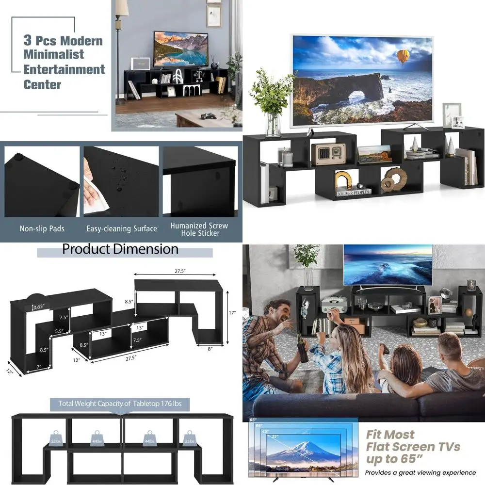 

Adjustable 3-Piece TV Stand for 50-65 Inch TVs, Storage and Display Entertainment Center, Black Console Table for Home.