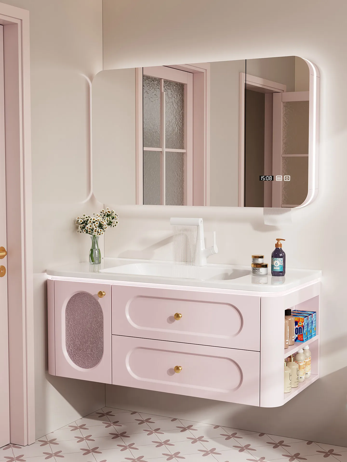 Cherry blossom pink oak paint smart bathroom cabinet