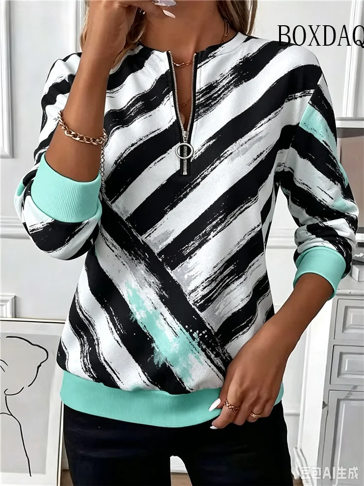 Irregular Abstract Stripes Print Hoodies For Women Fashion Tops Casual V-Neck Zipper Long Sleeve Loose Sweatshirts Autumn Winter