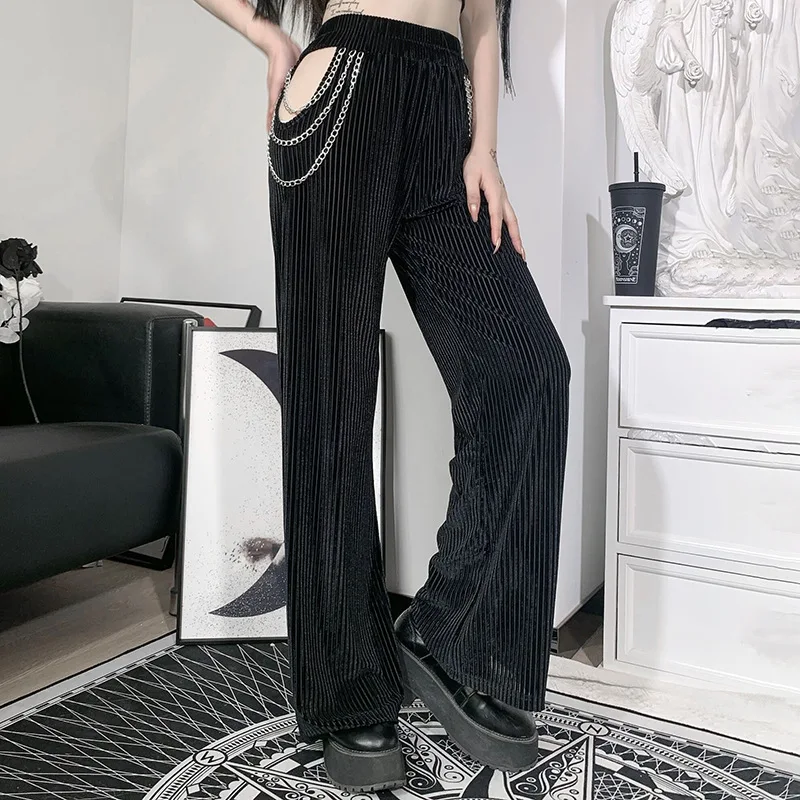 

Wide Leg Straight Pants Female Dark Sexy Hollow Chain Black Gothic High Waist Casual Loose Y2k Pants Harajuku Trousers Fashion