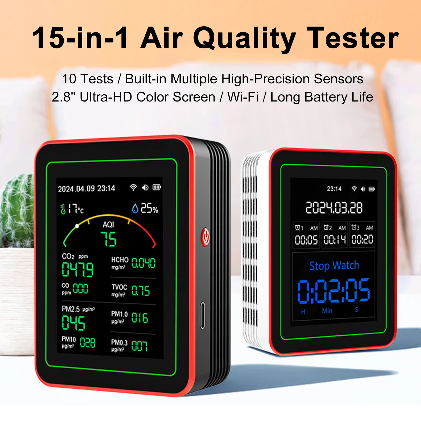Home Tuya WiFi 15 in 1 Air Quality Detector TFT Display Portable AQI PM0.3 PM1.0 PM2.5 PM10 CO CO2 TVOC HCHO Tester APP Control
