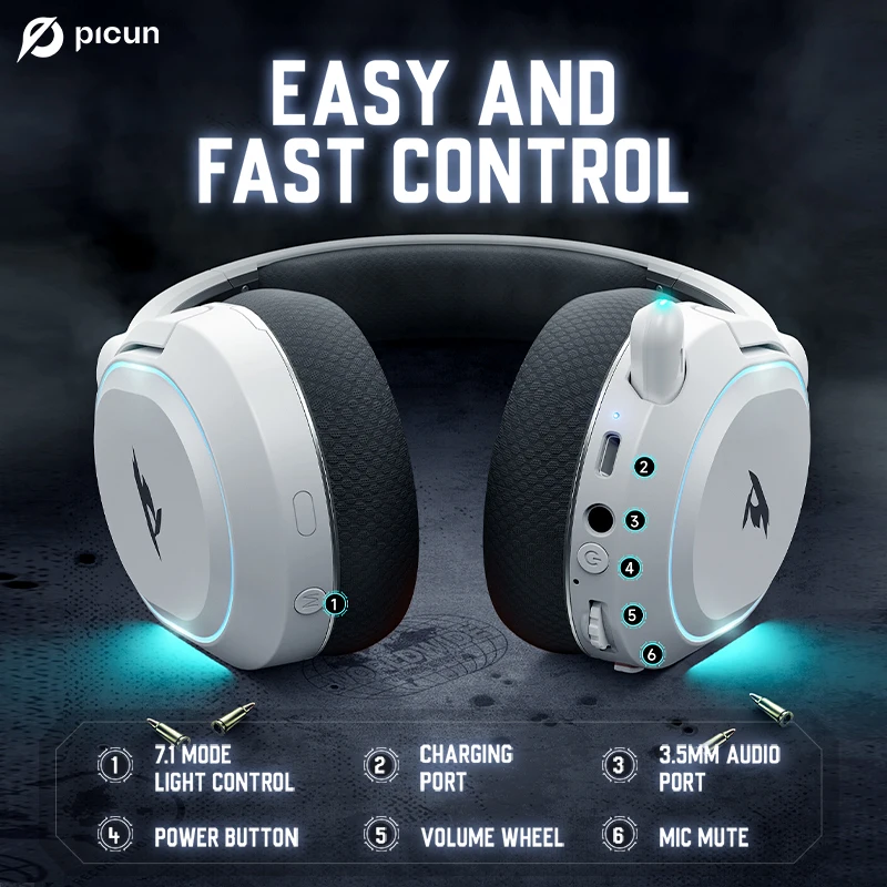 Picun G2 Wireless Gaming Headset Bluetooth 5.3 2.4G Headphones 7.1 Surround 5ms Low Latency ENC Mic for PC PS4 PS5 Phone Switch