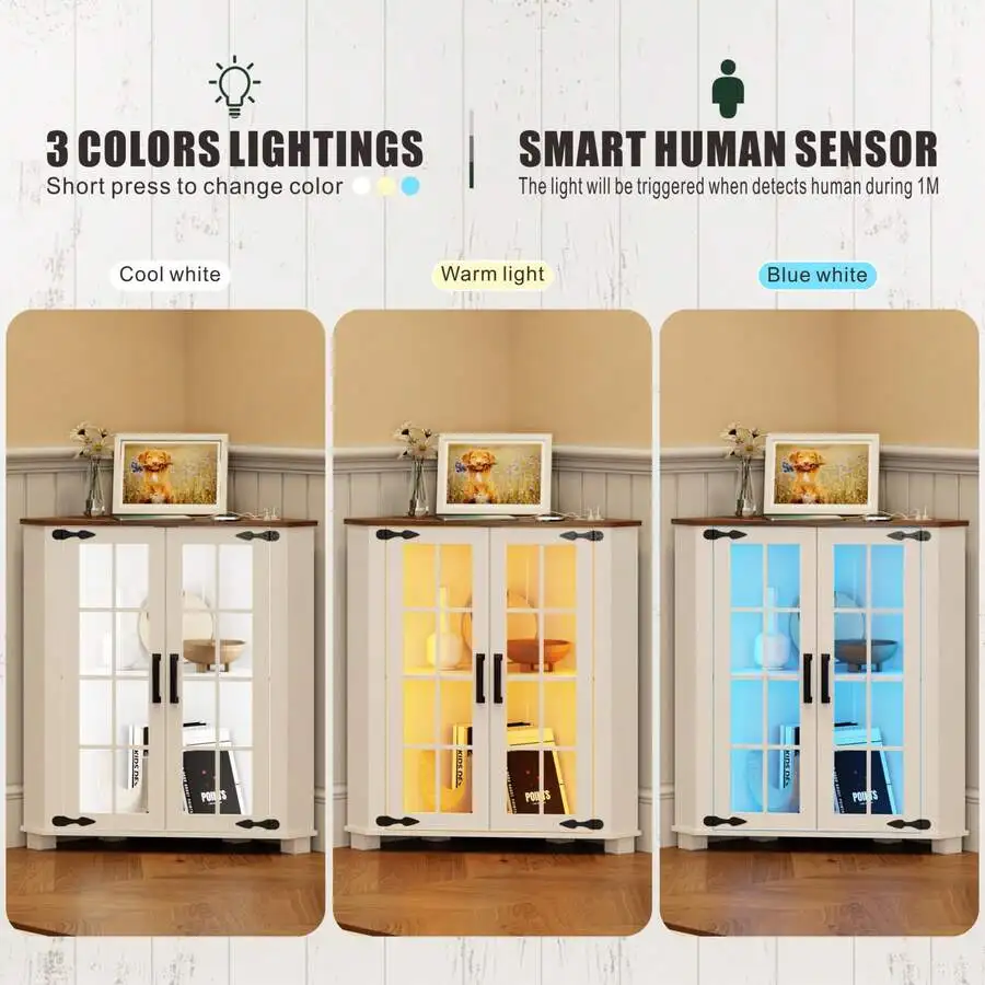 Farmhouse Cabinet With LED Light, Small Bathroom Cabinet With 2 Doors, Free Standing Home Floor Storage Cabinet For Laundry Room view 4
