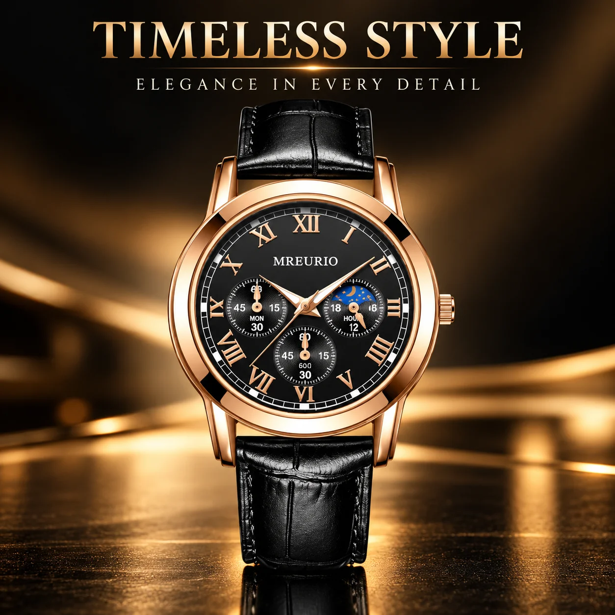 Men's Luxury Style Watch, Rose Gold Tone Case, Black Dial with Roman Numerals, Black Leather Strap
