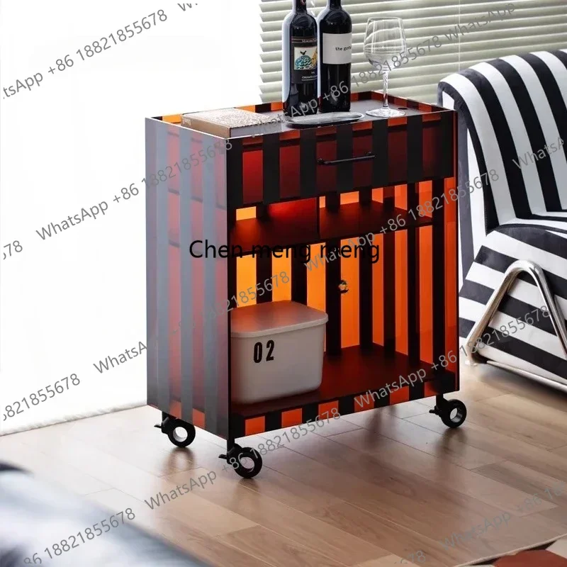 

Новое поступление, серая квадратная акриловая мобильная маленькая боковая шкаф для гостиной, полосатая стойка для тележки, боковая стойка для хранения закусок, диван