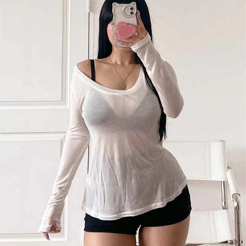

Slim Fit Sexy Long Sleeve T-Shirt Low round Neck See through Thin Style Women's Fashion Summer Top Korean Style Commute Wind