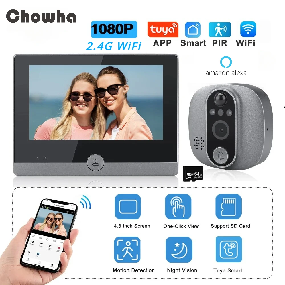 

Tuya Video Doorbell 1080P WiFi Peephole Camera Door Bell PIR Cat Eye 4.3 Inch Home Digital Door Viewer for Security Protection