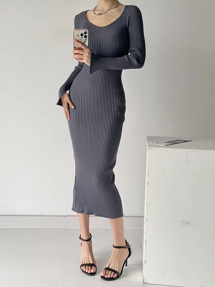 Women V-neck Rib Knitted Midi Dress Slim Stretchable Slim Solid Color Split Dresses