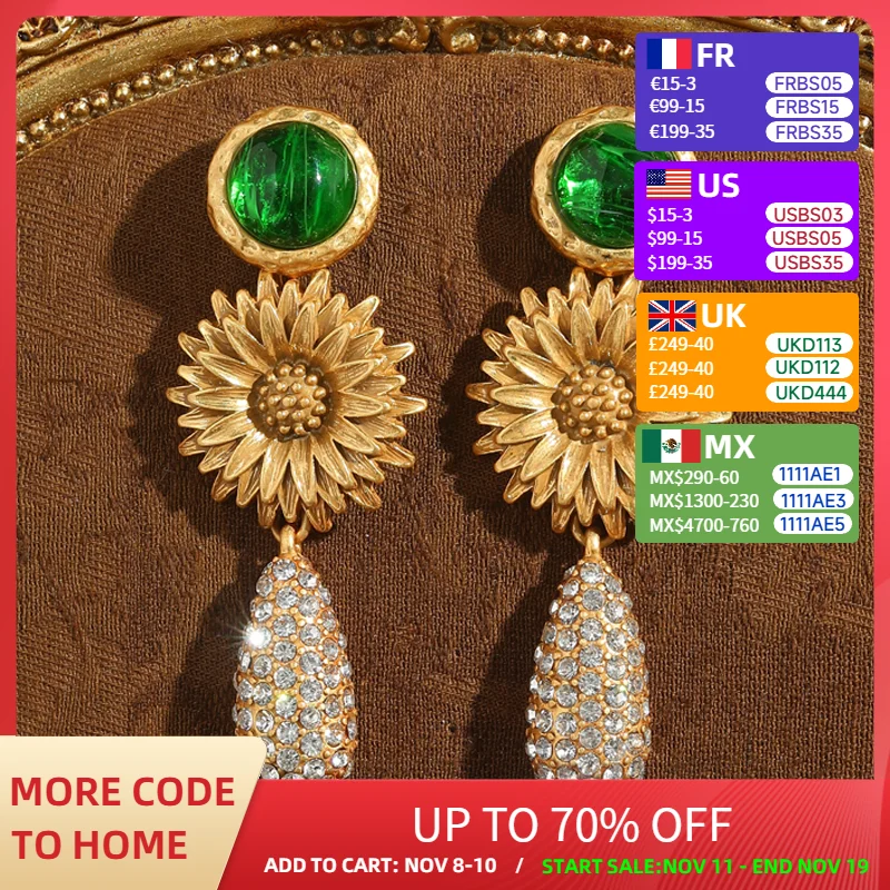 

Vintage Daisy Drop Earrings Green Glass Rhinestone Pendant Antique Gold Color Natural Stone Long Luxury Designer Jewelry 2025
