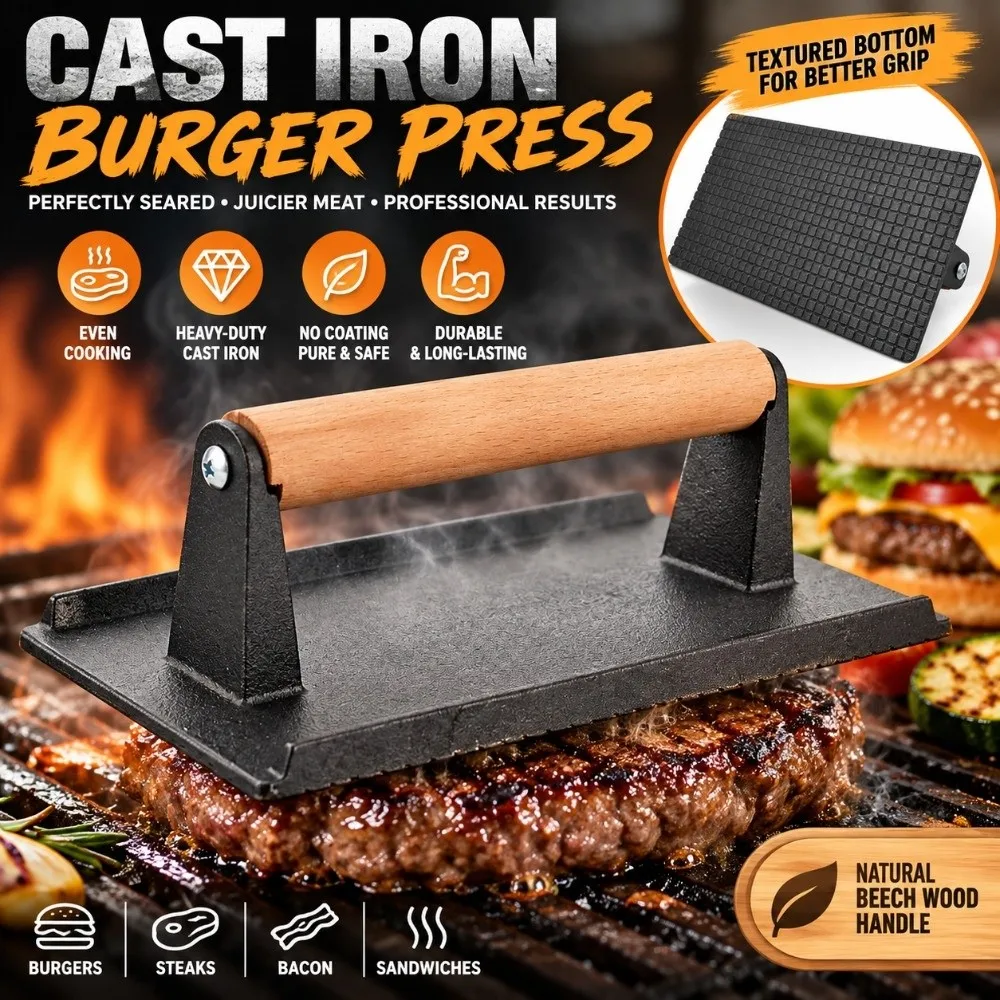 Cast Iron Cast Iron Grill Press Wood Handle Black Burger Press Sturdy Build Rectangular Shape Bacon Press Burger Bacon Steak