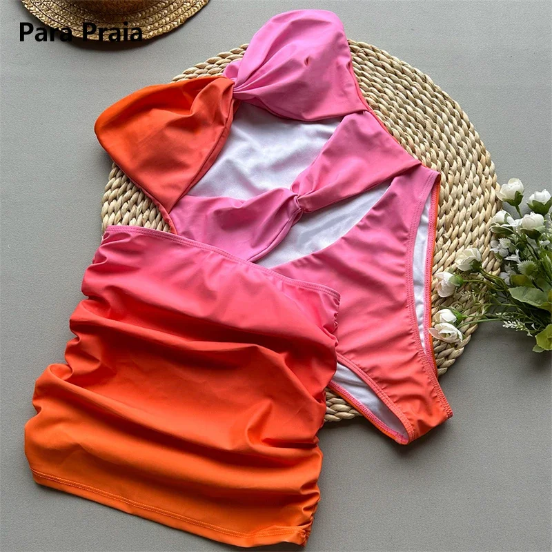 

Para Praia Tie Dye Bandeau Цельный купальник с юбкой 2025 Женский купальник без бретелек с вырезами Элегантная пляжная одежда