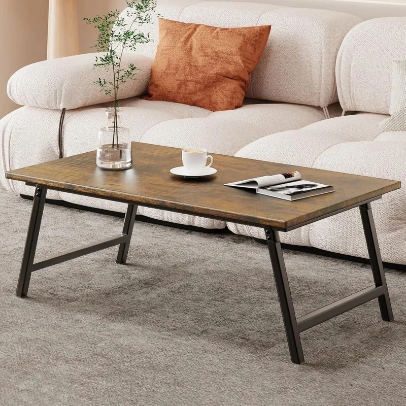 

Portable Folding Coffee Table, Wood Low Table with Metal Legs, No Assembly Required - Ideal for Cafés and Outdoor Spaces