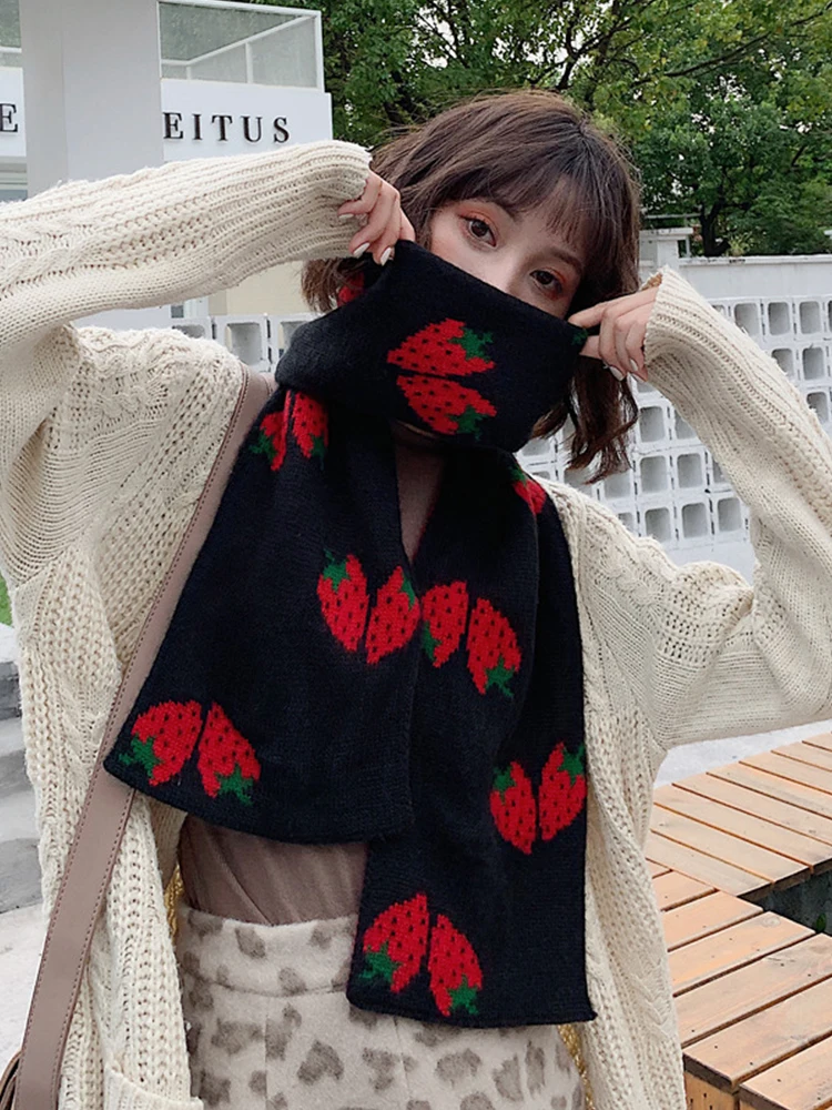 Women Winter Knitted Scarf Headscarf Ladies Men Casual Preppy Black Strawberry Warm Scarve Mujer Male Foulard Wrap Shawls Unisex