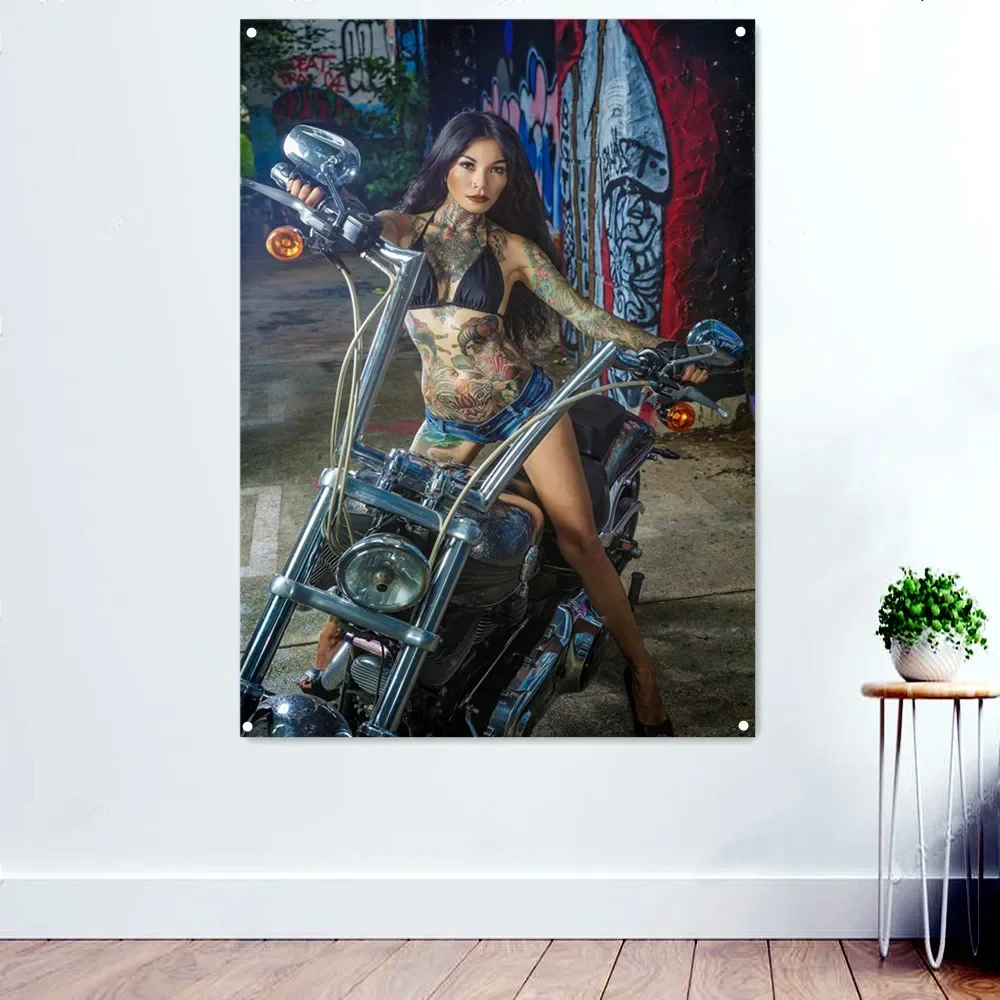 Biker Tattoo Girl Motorcycle Wall Art Posters and Prints Banner Flag Painting for Men Cave Teen Boys Room Decor Mural Tapestry