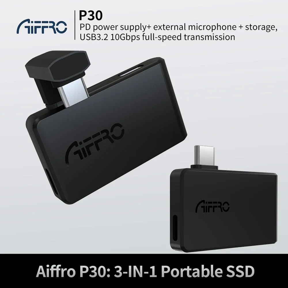 

Портативный SSD Aiffro P30 3-в-1, высокоскоростной внешний накопитель 1000 МБ/с для iPhone, Mac и камеры, ультралегкий (19 г)