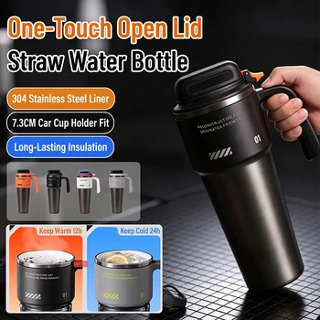 1L 304 Stainless Steel Insulated Water Bottle with Straw, One Touch Flip Lid Vacuum…