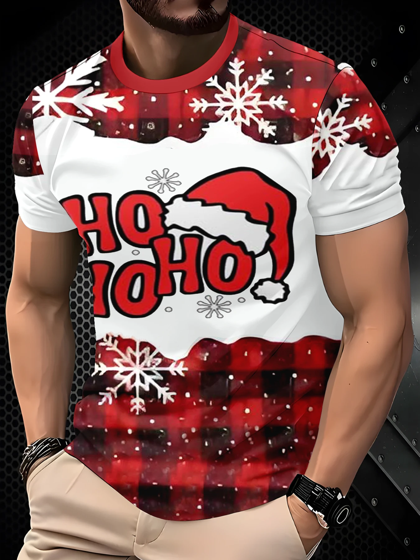 Men Christmas Style Plaid Snowflake Crew Neck Short Sleeve T-Shirt