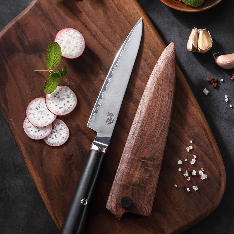 4 Inch Paring Knife With Wood Cover 3 Layer Clad Steel Blade G10 Handle Peeling Cleaver BBQ Steak Kitchen Knife Cooking Tools