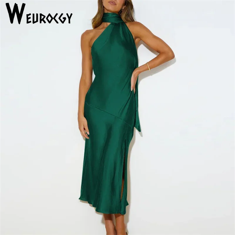 2023 Summer Women Party Dress Fashion French Elegant Long Satin Backless Solid Color Fashion Sleeveless Sweet Evening Dress