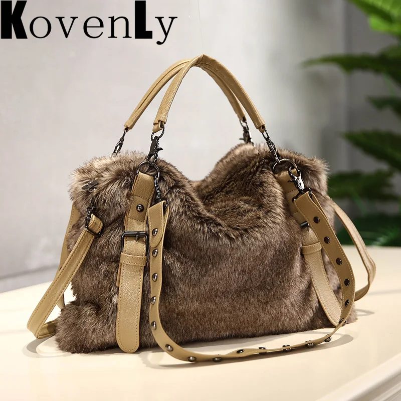 

Luxury Plush Totes Winter Faux Fur Shoulder Bags For Women Top Quality Handbag Warm Woollen Fashion Design Female Satchels Tote