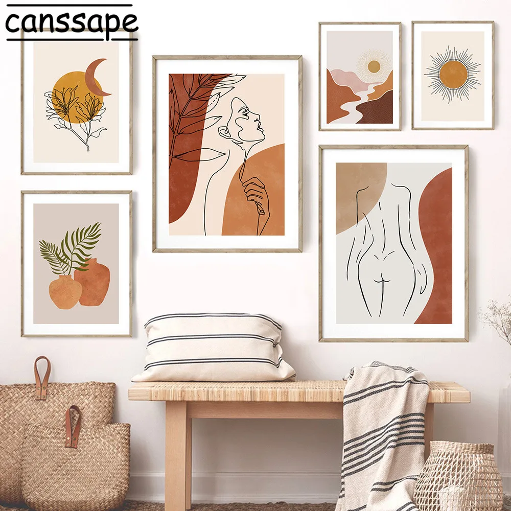 Abstract Posters Line Face Body Wall Art Print Sun Moon Canvas Painting Nordic Poster Boho Wall