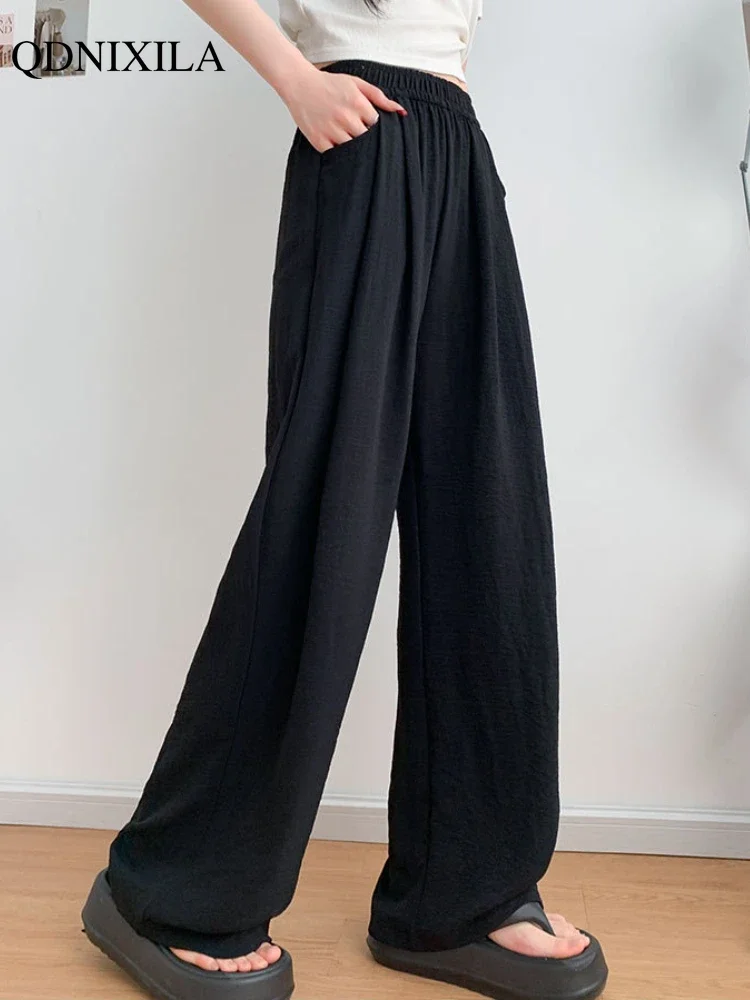 

Summer New Saggy Ice Silk Women's Pants Korean Elegant Thin High Waist Pants Loose Fashion Wide Leg Casual Trousers for Woman