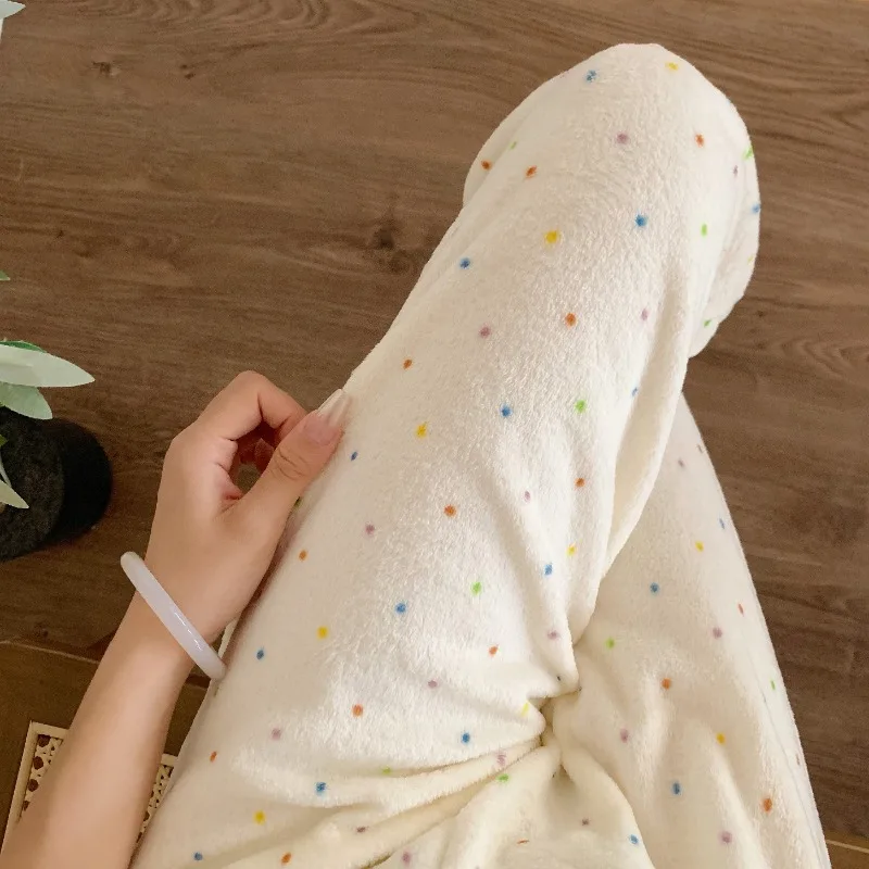 Women Sleep Pants Colorful Dot Print Elastic Drawstring Waist Long Casual Lounge Bottoms Plush Warm Autumn Winter Woman Trousers