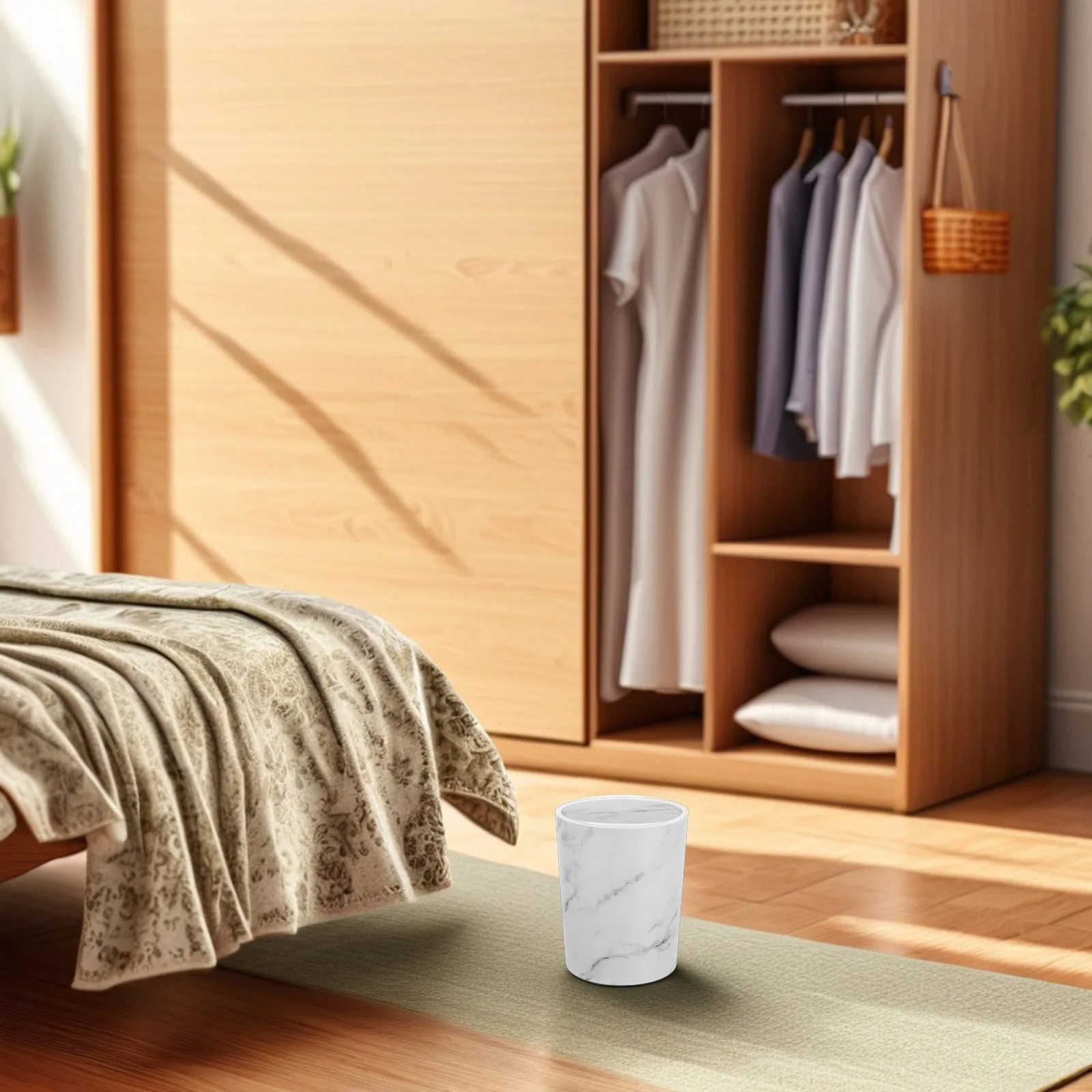 

1pcs White Marble Pattern Trash Can Plastic Round Swing Top Wastebasket For Home Living Room Kitchen Bathroom Bag Securing Ring