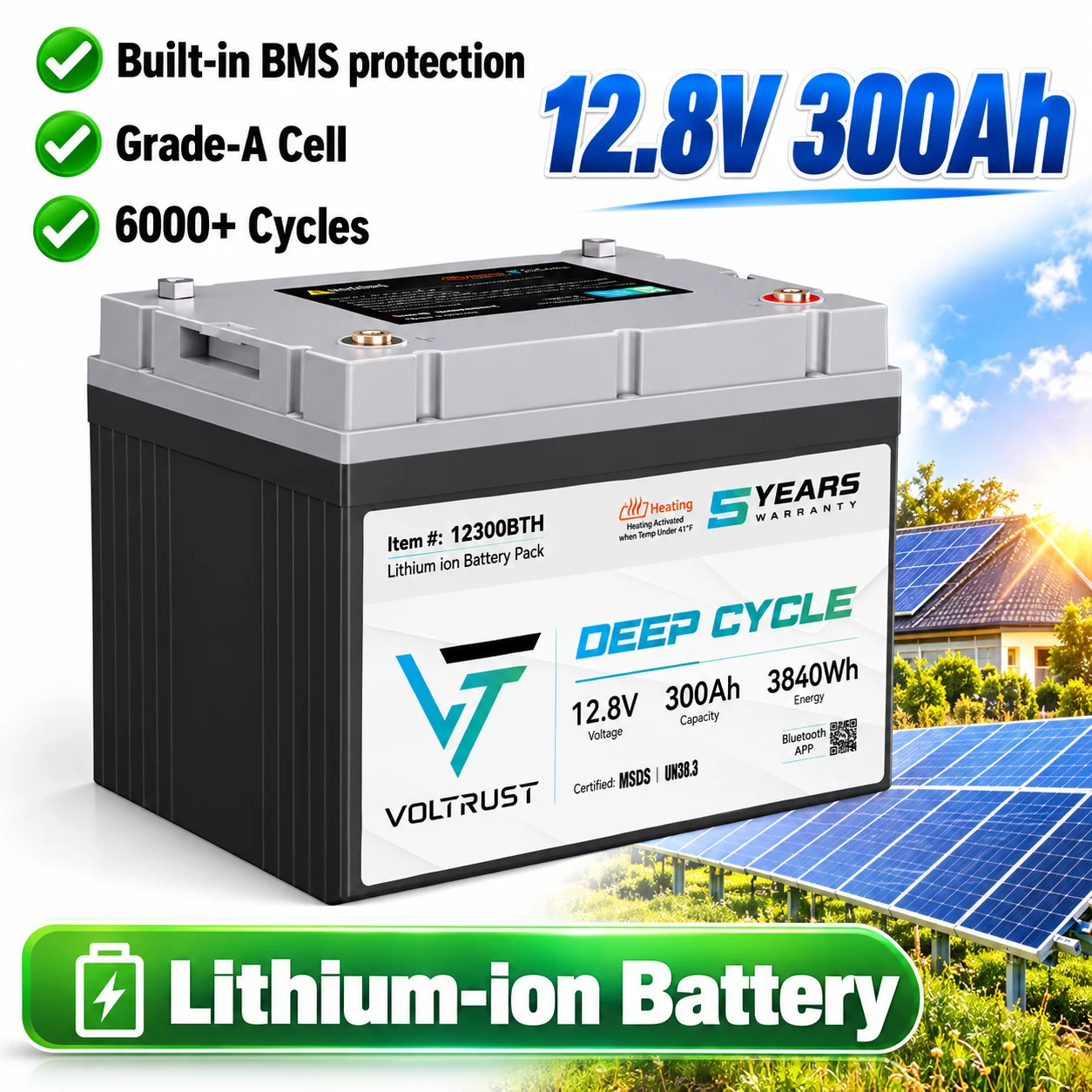 12.8V 300Ah Lithium ion Rechargeable Battery 3840WH LiFePO4 Battery with 200ABMS Suitable for RV, Solar, Lithium Iron Phosphate Battery