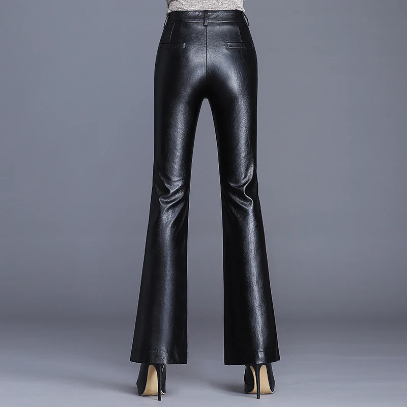 Women PU Leather Flared Trousers Female Autumn Winter Leather Pants High Waist Slim Streetwear Trousers Motorcycle Leather Pants