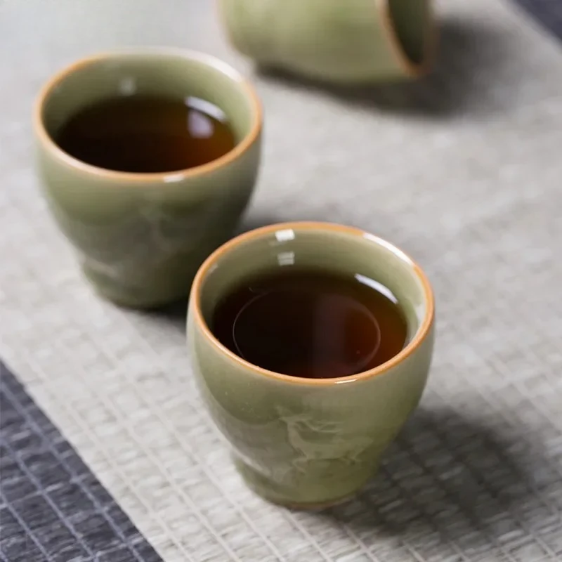 70ml Antique Longquan Celadon Teacup Handicraft Small Deer Tea Cup Small Master Cup Tea Bowl Meditation Cup Mug Kung Fu Teaware