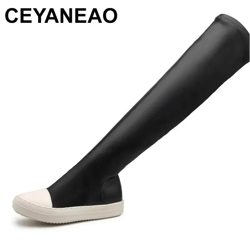 2025 Botas hasta la rodilla para mujer, zapatillas informales, botas de plataforma plana aumentadas con altura superior de cuero de microfibra a la moda