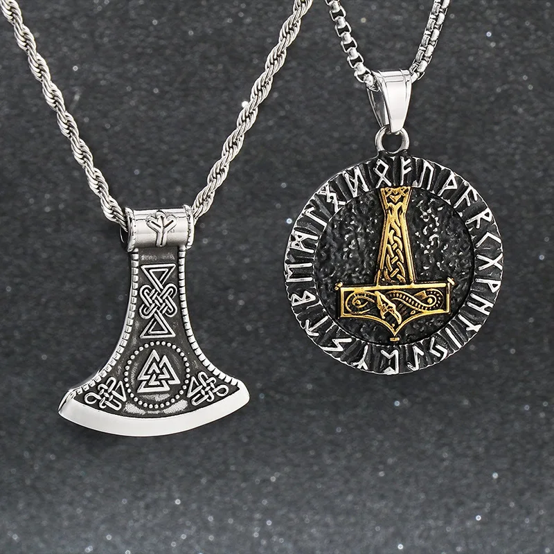 Nordic Victoria triangle Punk retro Thor's Hammer double sided men's titanium steel pendant