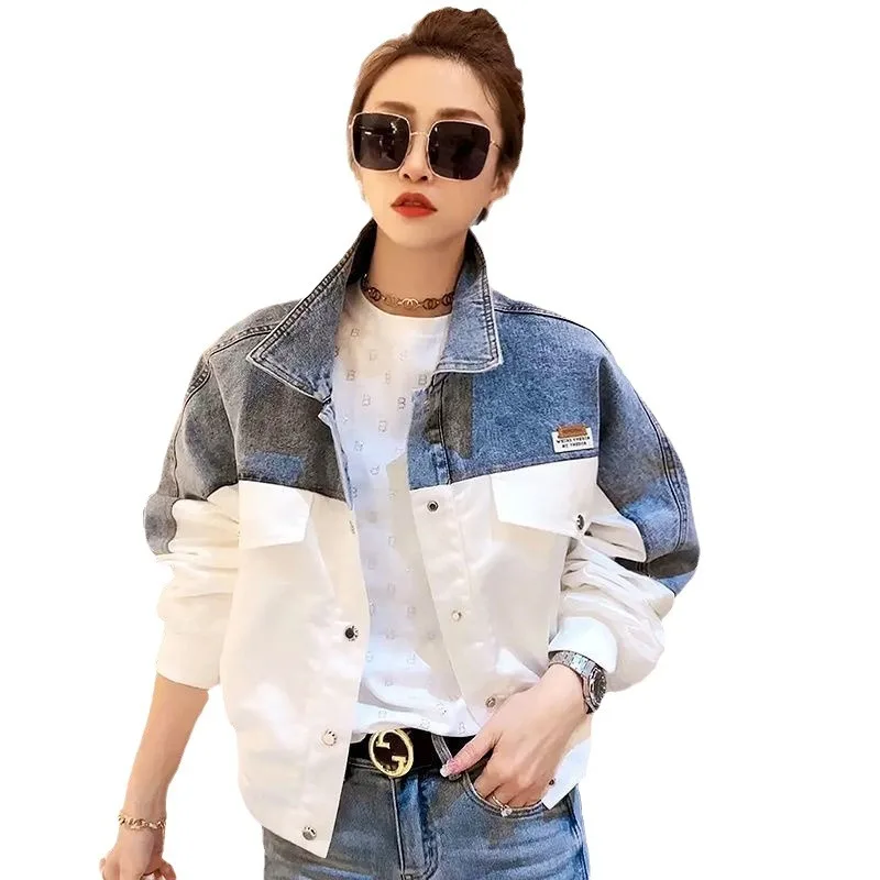 Denim Jackets Women Patchwork Y2k Coat Letter Distressed Washed Single Breasted Turn Down Collar Outerwear Streetwear Autumn