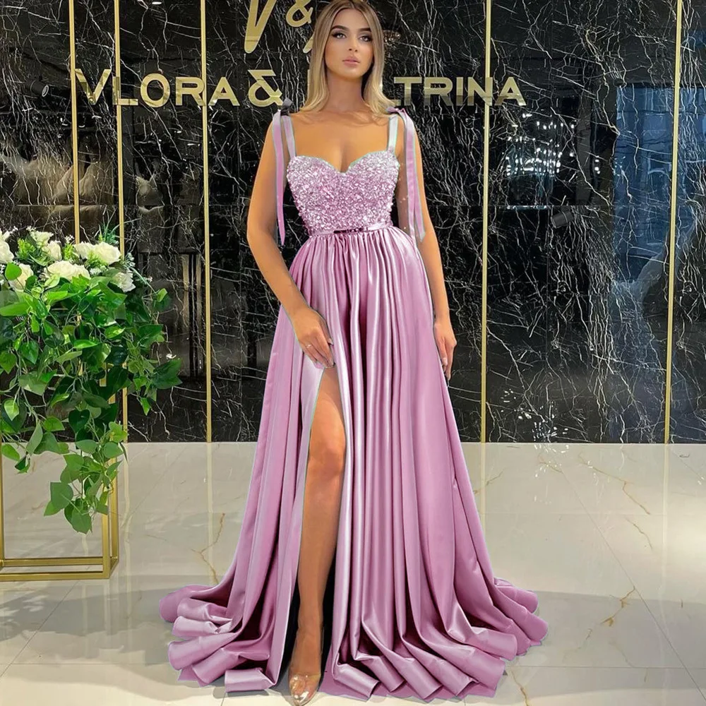 A Line Evening Dresses Side Slit Sequins Spaghetti Straps Prom Party Gowns Formal Occasion robes de soirée