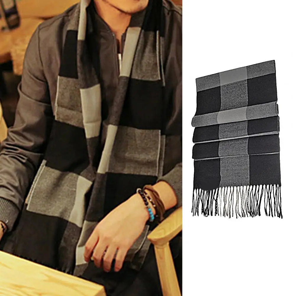 Winter Scarf Windproof Patchwork Breathable Men Scarf Soft Contrast Color Tassel Keep Men Muffler For Outdoor