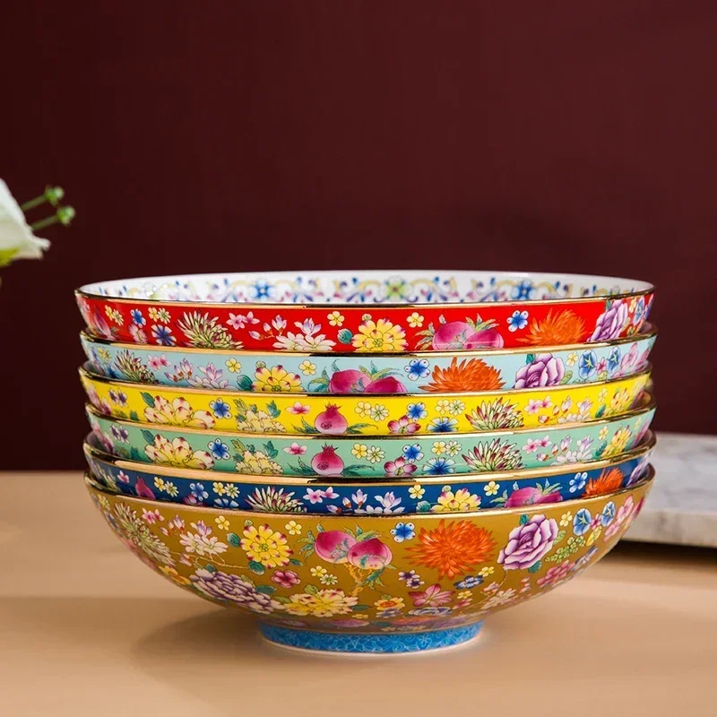 

Cuencos de sopa grandes de 8 pulgadas, plato de cerámica para ensalada, estilo Palacio, restaurante, hogar, diez mil flores, vaj