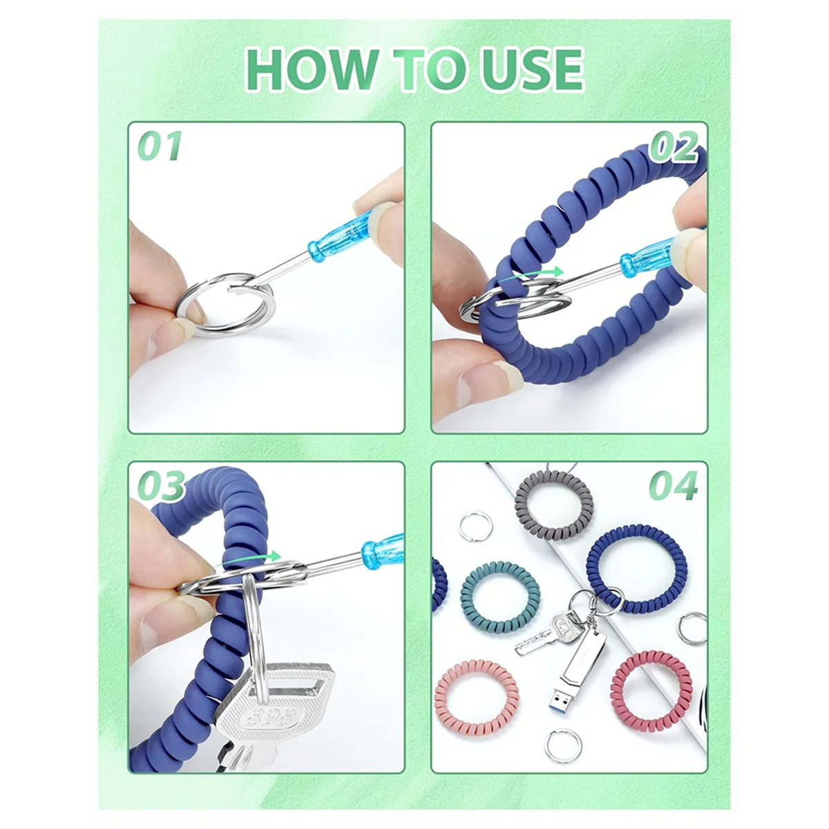 Y31A 10Pcs Stretchable Wrist Keychain Bracelet, Flexible Spiral Coil Key Ring Wristlet, Retractable Key Holder