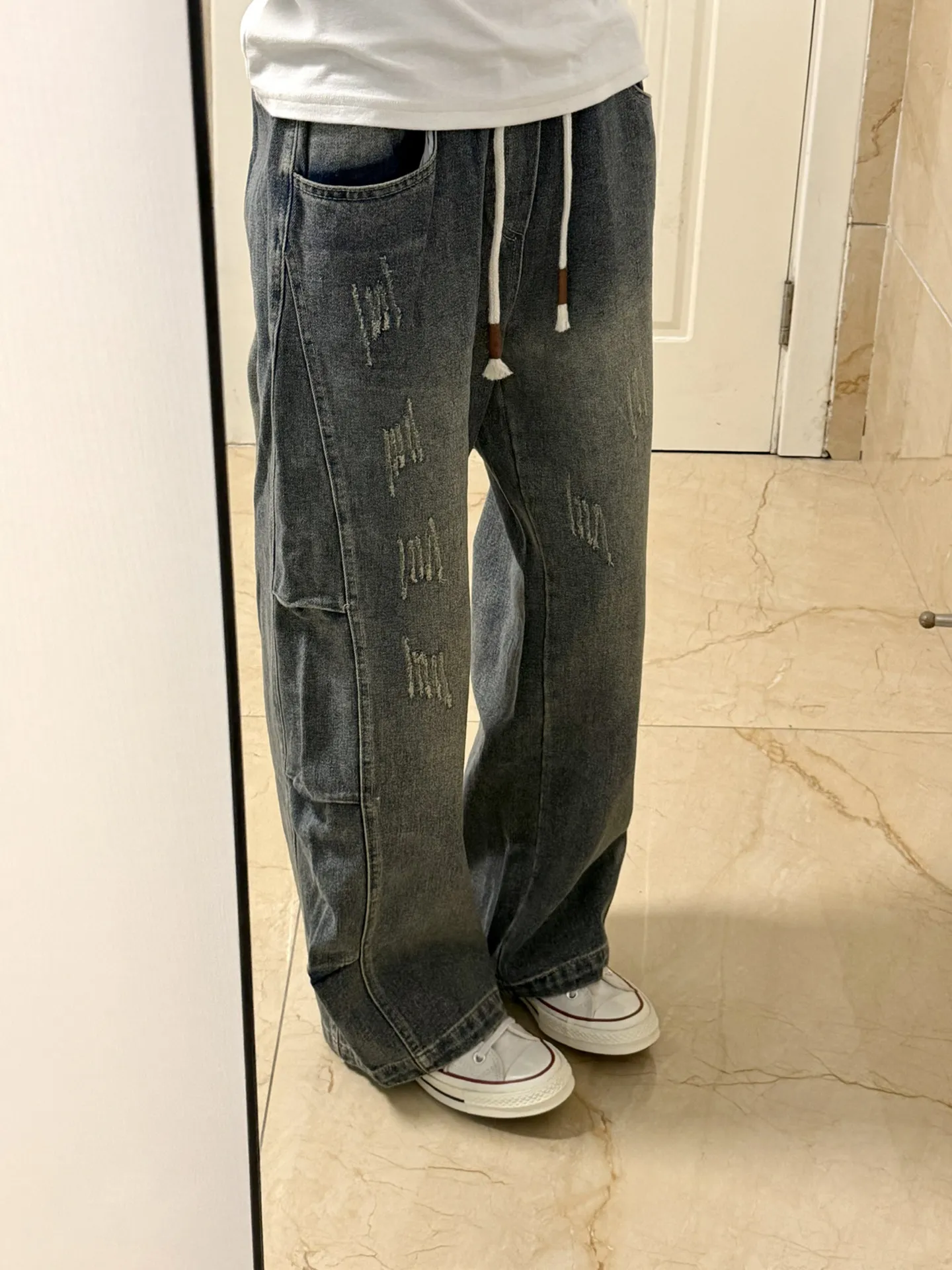 

Американские джинсы High Street Distred для мужчин и женщин, осень-зима, свободные прямые вельветовые широкие брюки, модные винтажные джинсы в пол...