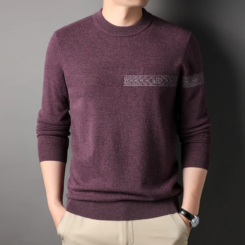 

New 100% Wool Pullover Men's Sweaters Luxury Long Sleeve Round Collar Computer Knitted Spring and Autumn Male Sweaters 4XL